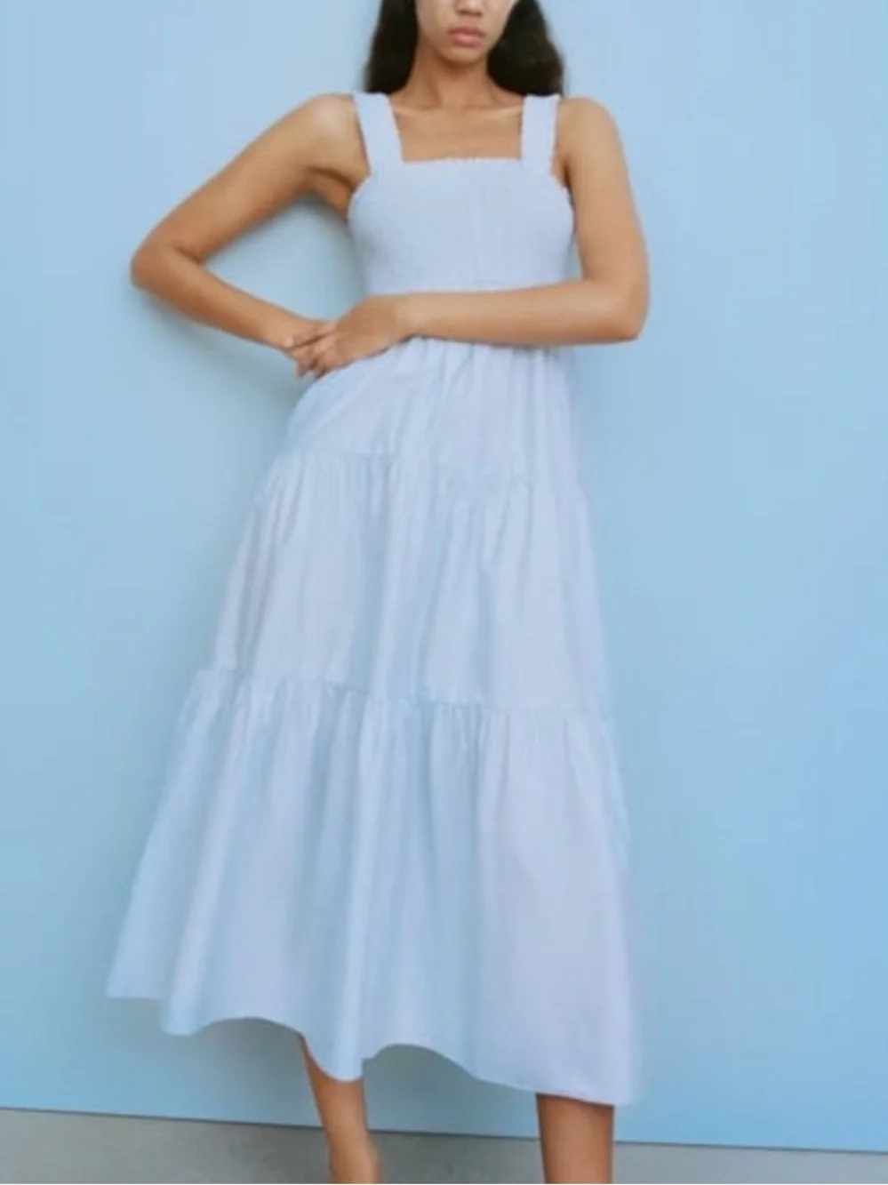 ZARA Light Blue Smocked Tiered Midi Maxi Dress